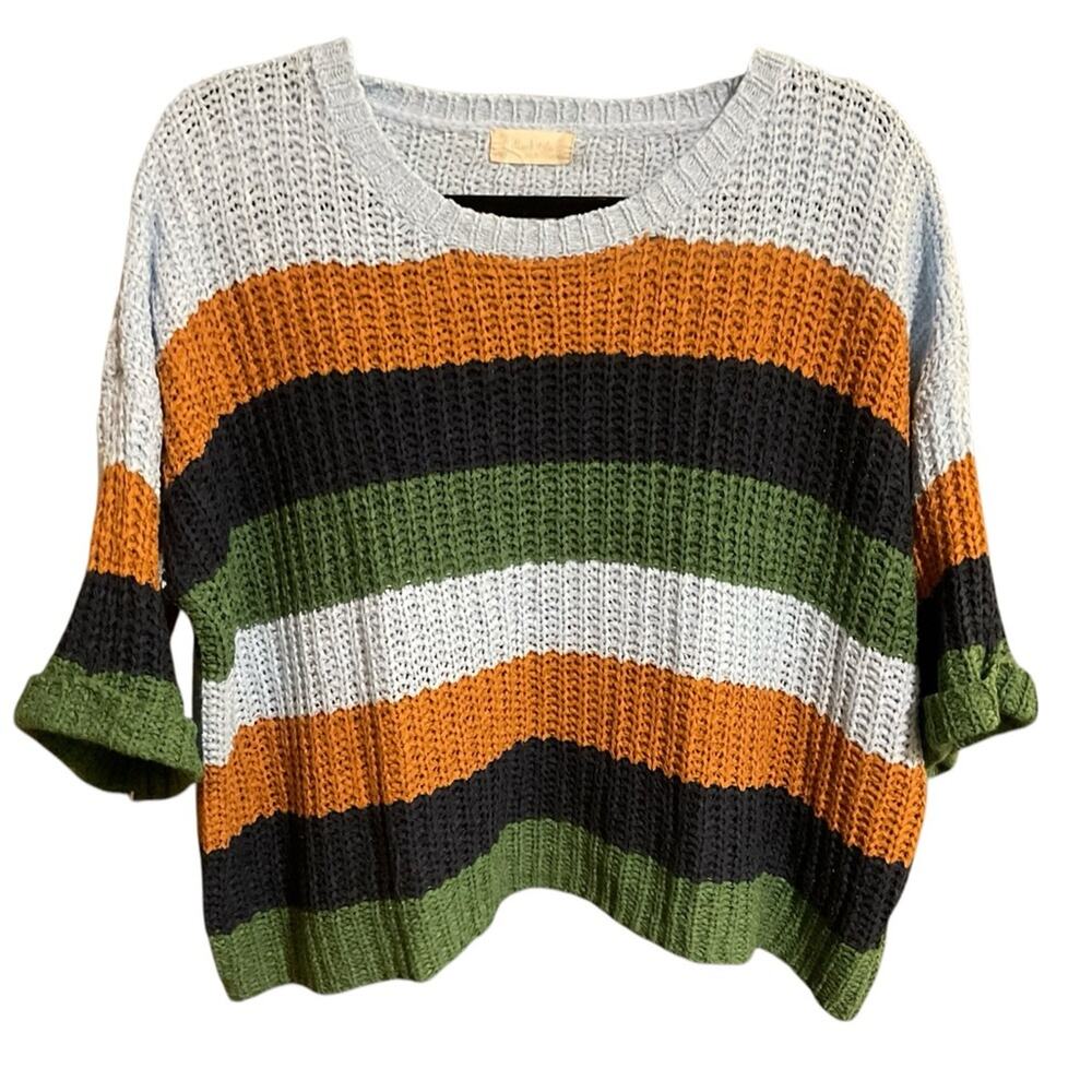 Altar'd State Ribbon Knit Sweater XS/S Crop Navy Blue Tan Boho Oversized Slouchy